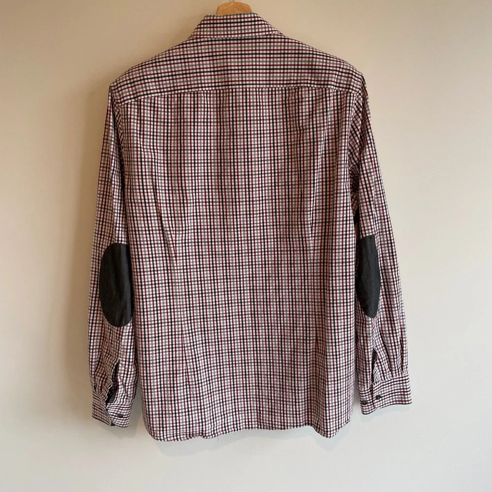 Kenneth Cole Reaction Men's Plaid Long Sleeve‎ Button Down Shirt Elbow Patches L